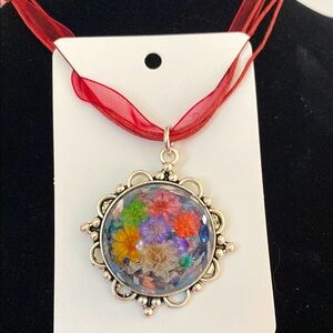 Red Ribbon & Cord Necklace with Ornate Floral Pendant